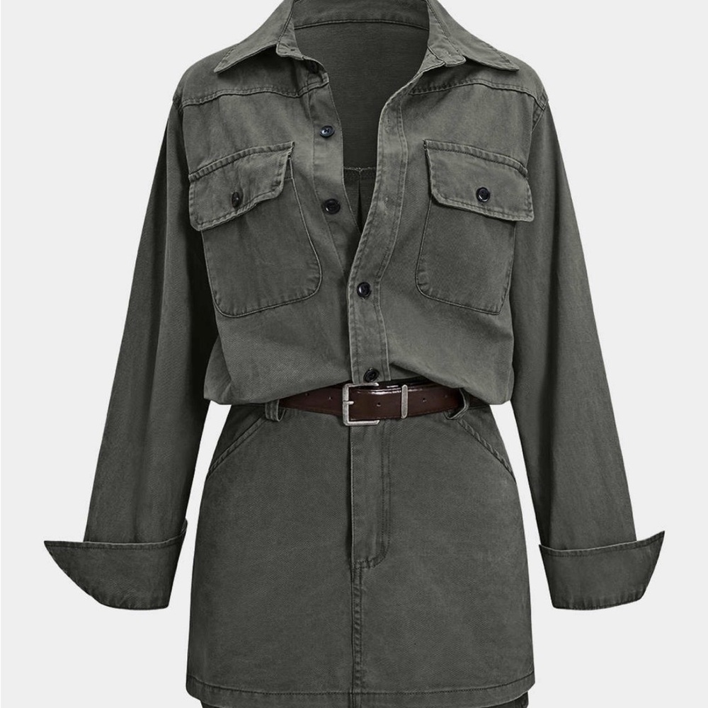 Dark Green Denim Button Pocket Belted Long Sleeve dress